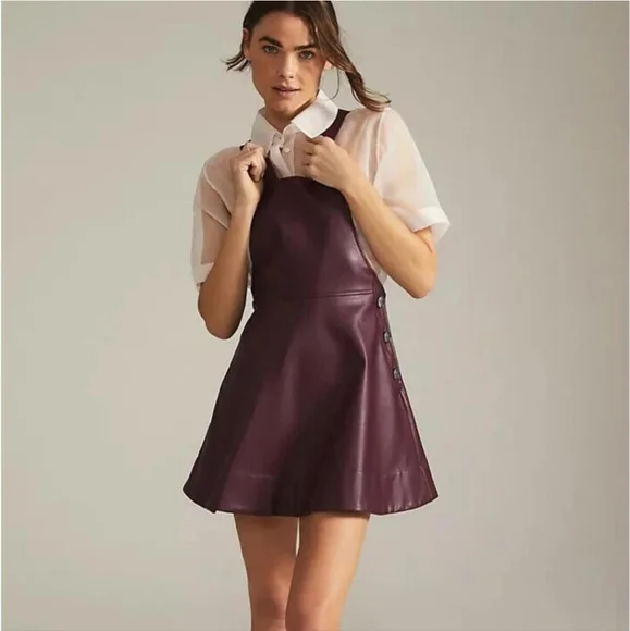 Anthropologie Maeve Faux Leather Pinafore Dress Plum Side Buttons Back Bow Sz XS - Picture 3 of 16